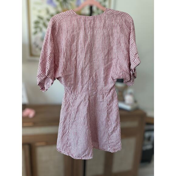 Reformation 100% Linen Striped Cecilia Kimono Mini Dress Red White Womens Size 4 - Picture 4 of 15
